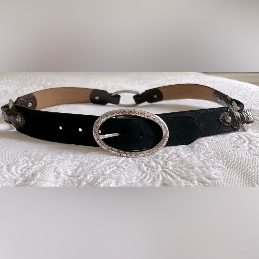 Brighton black suede belt w silver ovals held by brown embossed leather tabs